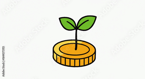 A hand-drawn cartoon of a small green plant with two leaves sprouting from a single, thick golden coin.