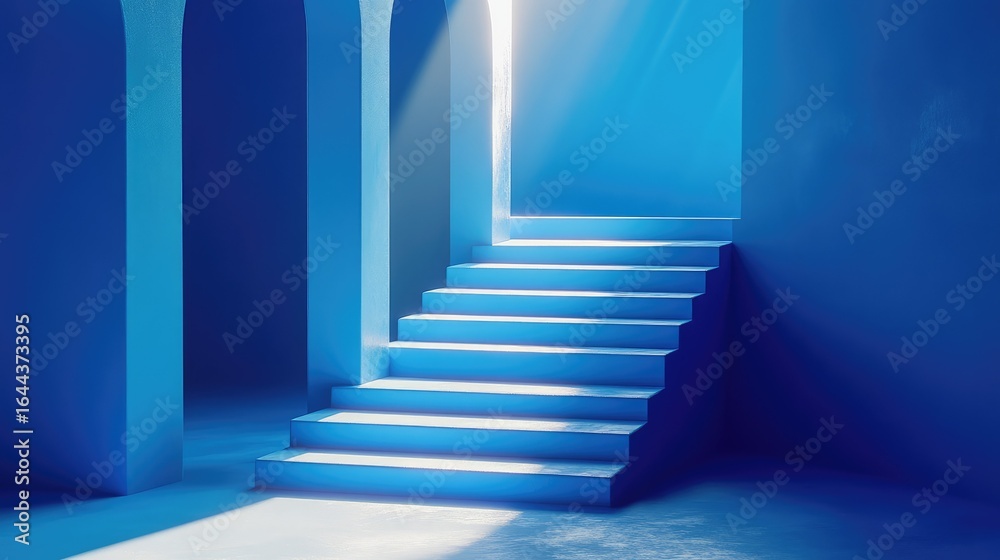 Obraz premium Sunlight streams into a vibrant blue room with stairs