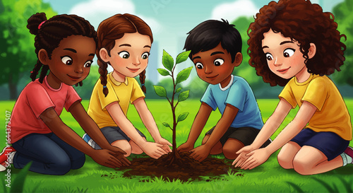 A diverse group of four happy children kneeling together to plant a small green sapling.