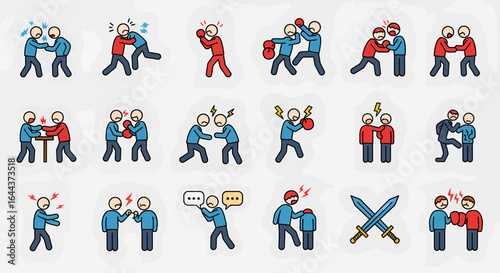 Illustrative Icons Depicting Various Forms of Confrontation and Conflict Between Individuals Showcasing Arguments Fights and Disputes in a Stylized Graphic Representation