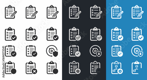 Collection of Checklist and Clipboard Icons Representing Task Management and Project Planning with Completion Status and Security Features