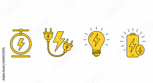 A collection of four distinct electric power and energy icons presented in a consistent yellow outline style on a white background showing different aspects of electrical energy generation and usage