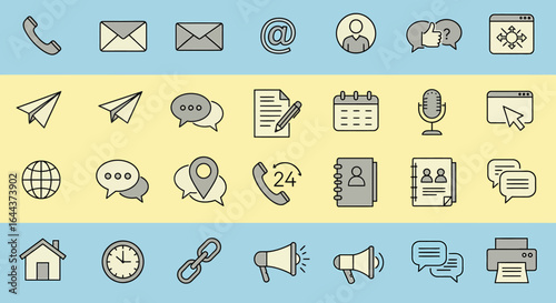 Collection of Modern Flat Design Icons Representing Communication Methods and Contact Information for Digital and Print Media Assets
