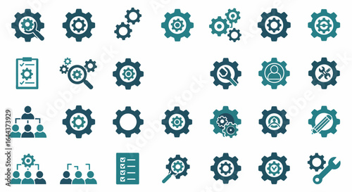 Collection of Gear Icons Representing Engineering Operations and System Mechanics with Associated Visual Elements