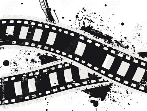 Film strips, artistic splashes, white background, movie concept