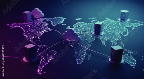 3D visualization of a global cloud computing network with servers on a luminous world map.