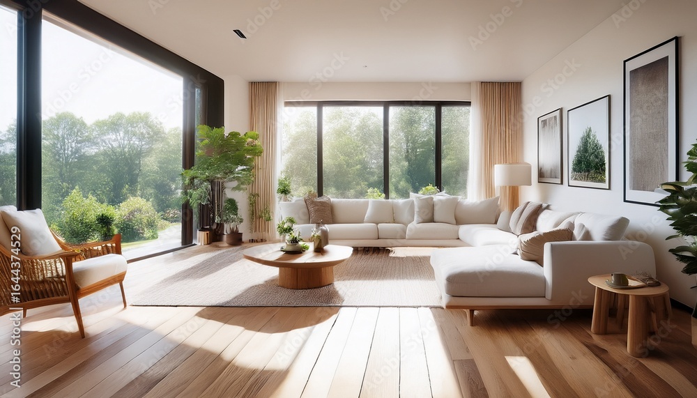 Fototapeta premium a light filled living area with a stunning wood floor