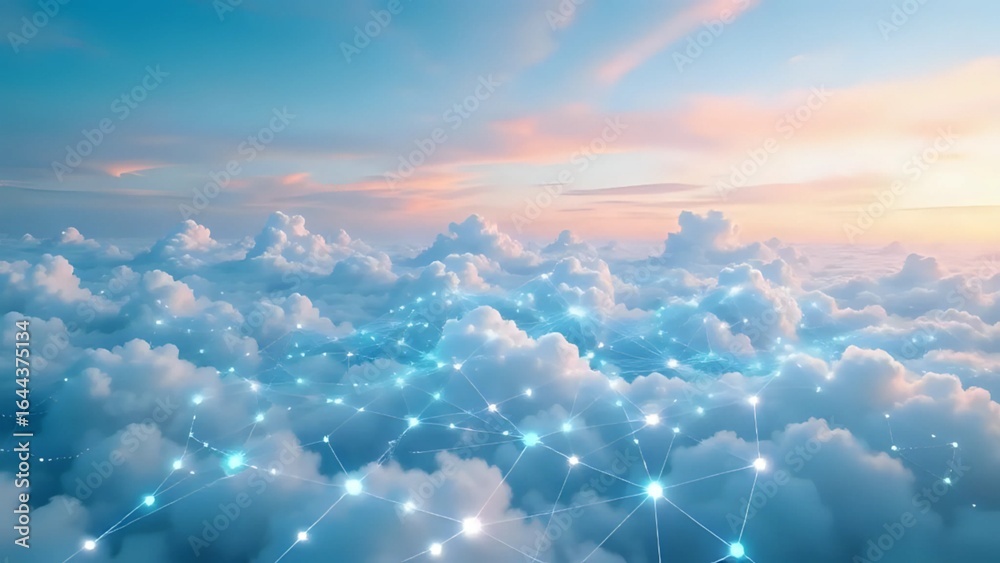 Fototapeta premium Digital Sky Visualization with Illuminated Network Nodes Among Clouds