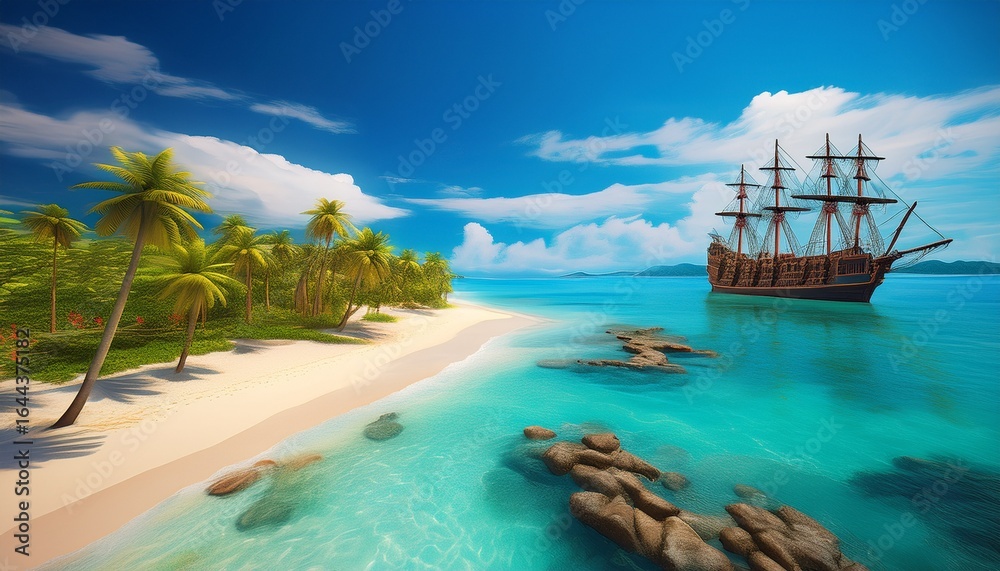 Obraz premium ile au tresor navire de pirate plage a l eau turquoise et sable blanc
