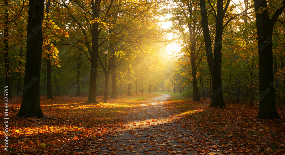 Obraz premium Autumn scenery with orange leaves falling along a peaceful park path, bathed in warm afternoon light.