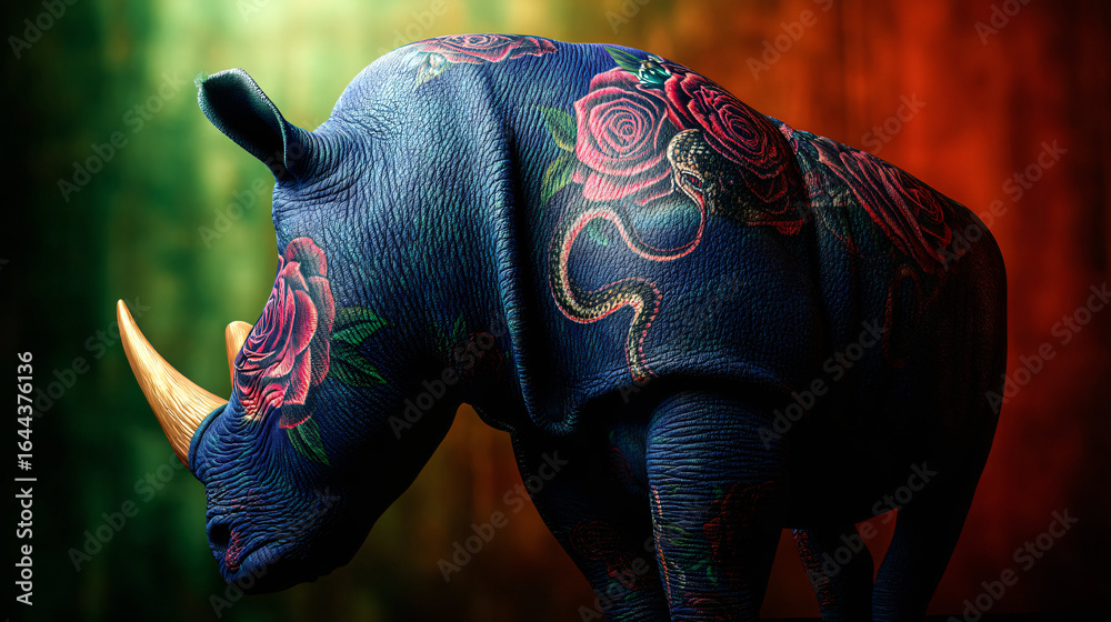 Obraz premium Blue rhinoceros with floral tattoos on red and green background, AI-generated image