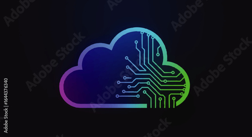 A vibrant gradient cloud computing icon, transitioning from purple to green, with an integrated circuit board pattern.