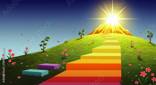 A vibrant, colorful staircase ascending a grassy, flowery hill towards a radiant sun, symbolizing a path to success.