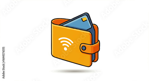 A yellow-orange bifold wallet with a contactless payment symbol and a blue credit card.
