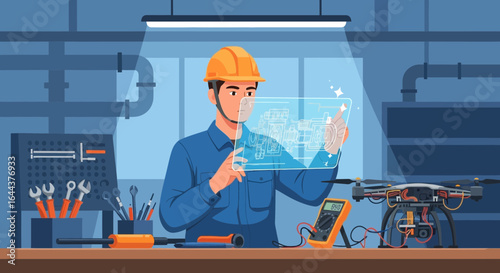 Engineer analyzing drone schematics on transparent display in workshop environment