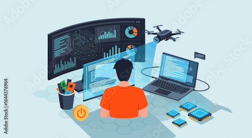 Engineer Analyzing Data and Controlling a Drone in a High-Tech Environment