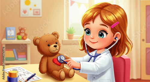 Adorable young girl dressed as doctor examining teddy bear with stethoscope