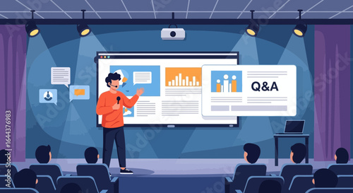 Engaging presentation with speaker on stage addressing audience with questions and answers on a big screen