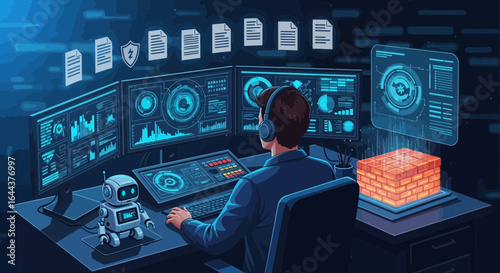 Engineer developing innovative secure web applications with the assistance of AI technology and modern interface for digital transformation