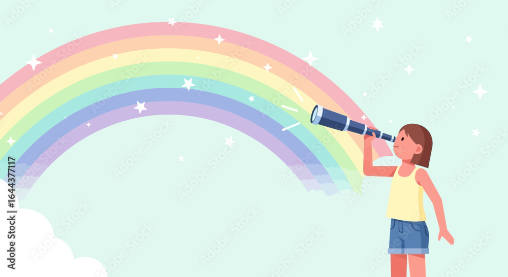 Naklejka premium Girl looking through a telescope towards a rainbow, symbolizing ambition and dreams with colorful pastel background and starry sky landscape