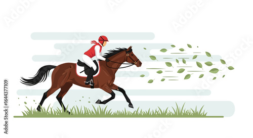 Equestrian sport showcase featuring a horse and rider in a dynamic race across a field with blowing leaves