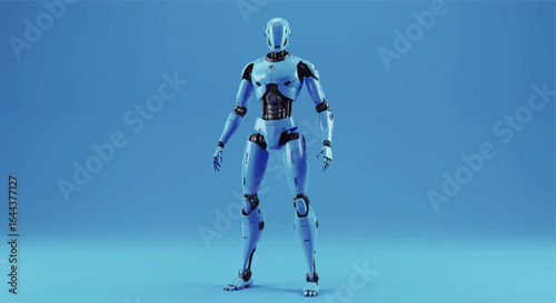 Advanced humanoid robot with a glossy light blue exoskeleton and intricate black joints.