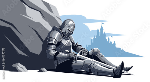 Exhausted knight resting, slumped against a rock with a castle in the distance scene