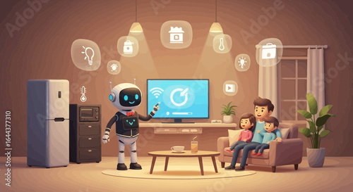 Family enjoying smart home automation with a robot assistant controlling appliances and systems