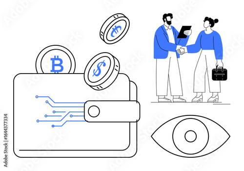 Open wallet with Bitcoin, dollar, and cryptocurrency coins floating. Businesspeople shaking hands, agreeing on a deal. Ideal for fintech, business trust, investment, crypto trading digital economy