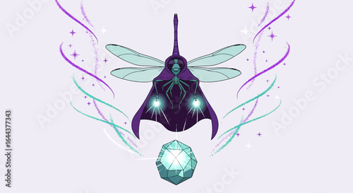 Fantasy Dragonfly Mage with Glowing Crystal, Stars and Magic Swirls Illustration