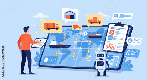 Global logistics and supply chain management illustration with automation technology for transport efficiency and trade