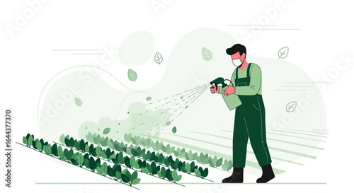 Farm Worker Spraying Crops For Protection In A Field Of Healthy Greens