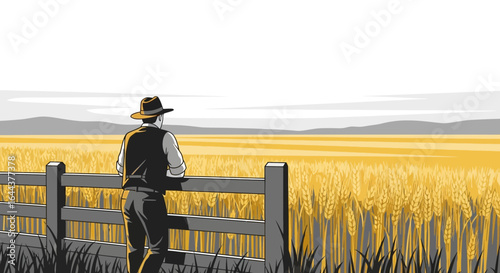 Farmer contemplating his golden wheat field at sunset a vintage styled illustration showcasing agriculture and tranquility of rural life