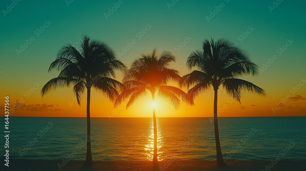 Sunrise silhouettes of palm trees over a tranquil ocean Sunrise silhouettes of palm trees over a tranquil ocean