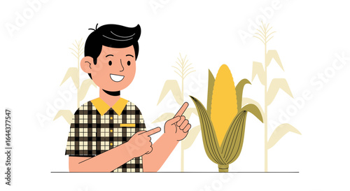 Farmer pointing at corn crop in a field, illustration representing agriculture and farming practices suitable for a variety of project