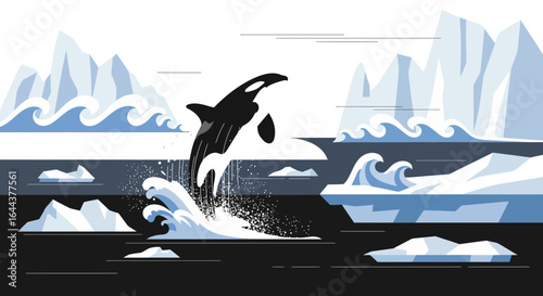 Graphic illustration showcases a killer whale leaping from Arctic waters amid icebergs