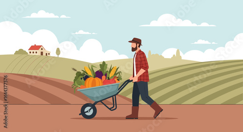 Farmer pushing wheelbarrow filled with freshly harvested vegetables and produce