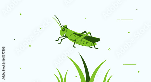 Green grasshopper standing on green grass blades on a light background illustration