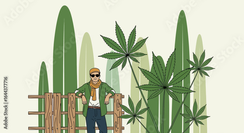 Fashionable man in sunglasses leaning on a fence with marijuana plants illustration