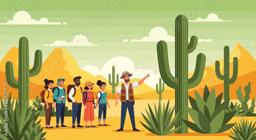 Guided desert tour with diverse group enjoying nature and stunning landscape under bright sky