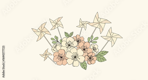 Hand Drawn Floral Arrangement With Pinwheels On Beige Backdrop Artwork