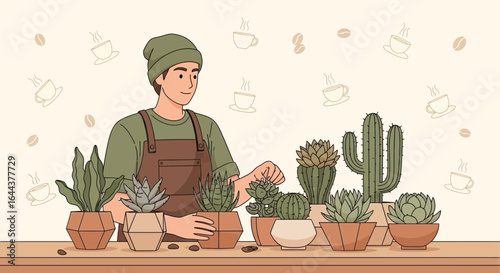 Hand-drawn illustration of a man tending to succulents and cacti plants at home or in a coffee shop