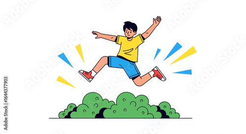 Happy boy jumping over bushes, energetic and joyful outdoor activity illustration