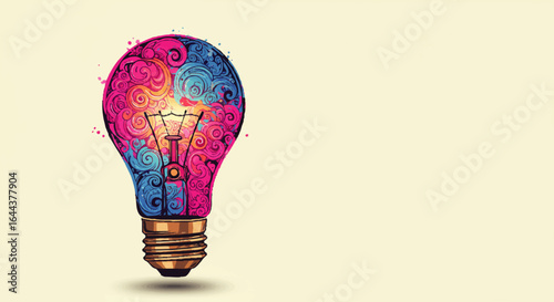 Artistic lightbulb with vibrant pink and blue swirls, intricate patterns, and a glowing filament.