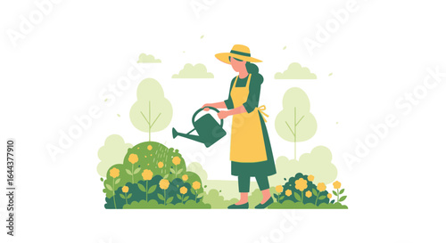 Female Gardener Carefully Watering Flowers In Her Garden With Watering Can