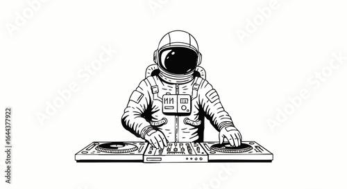 Astronaut DJ in a detailed spacesuit and helmet, mixing music on turntables. Black and white line art illustration.