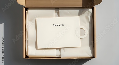 Flat lay mockup of a simple thank you card inside a cardboard box with tissue paper, conveying a minimalist and neutral mood