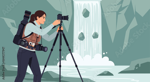 Female photographer captures scenic waterfall using a tripod, showcasing nature photography and travel