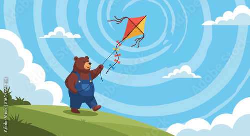 Happy brown bear flying kite in a windy blue sky animated cartoon illustration image