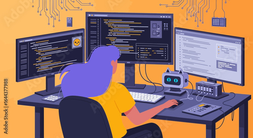 Female software developer working on multiple monitors in a tech environment